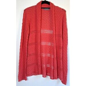 Wooden Ships Open Knit Cardigan Sweater M/L Salmon Red Boho Lightweight Layering